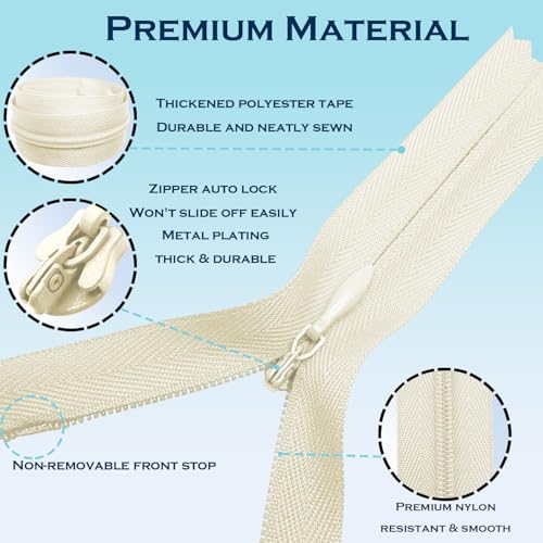 Image of ANPURZII 2PCS #3 24 Inch Beige Invisible Zippers for Sewing Skirts, Nylon Coil Bulk Zippers for Pocket, Pillow(Beige 24 inch 2PCS)