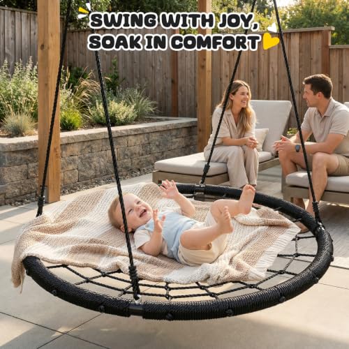 Image of Trekassy 40 inch Spider Web Saucer Tree Swing for Kids & Adults - Black | 750lbs Heavy Duty Steel Frame, 2 Hanging Straps, Durable Outdoor Net Swings for Outside, Easy Assembly for Backyard Fun