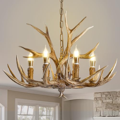 LUJIAODS Antlers Chandelier 6 Light Deer Chandelier Fixtures Rustic Farmhouse Horn Antler Lighting for Living Room Bedroom Dining Room Kitchen Cafes Bars Kitchen Foyer(6 Lamp Arms+ 3 Arms)