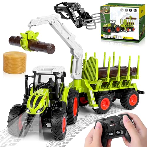 IEEILULU Ferngesteuerter Traktor Mit Anhänger, 2.4 Ghz, 1:24, RC Spielzeug, Holzgreifer, Frontlader und 4 Baumstämmen, Holztransporter ab 3 4 5 6 Jahre