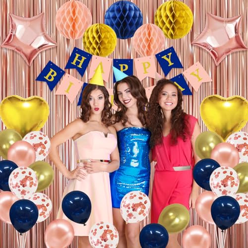 Image of Navy Rose Gold Pink Birthday Party Decorations Supplies Happy Birthday Banner Honeycomb Balls Fringe Curtain Foil Balloons Hanging Swirls Cake Topper Tablecloth Party Supplies for Women Girls