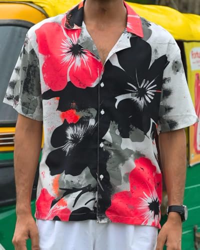 Image of Men's Floral Button-Down Shirt, Cotton Blend Stretchable, Casual Printed Striped Stylish Shirt