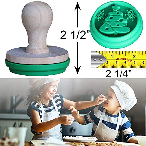 Christmas Silicone Cookie Stamps - Set of 3 Heat Resistant Stamps Include Christmas Bell, Reindeer, Tree and 1 Wood Press, Party Novelty DIY Baking Gift, Non stick and BPA Free - Thumbnail 4