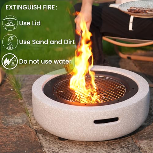 Image of Round Wood Burning Concrete Outdoor Fire Pit, Heat Resistant MGO Ceramic Material Base with BBQ Grill for Patio Garden, Backyard Barbecue, Outdoor Gatherings, Light Gray | Heat Resistant MGO Cement Material,BBQ Grill Firepit,Family S'mores Fun,for Garden Backyard Barbecue,Outdoor Gatherings