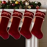 Kinlop 4 Pcs 18 Inch Burgundy Luxury Velvet Christmas Stockings Holly Embroidered Christmas Stocking Stockings with Gold Tassel Decorations for Fireplace Xmas Party Vintage Holiday Decorations