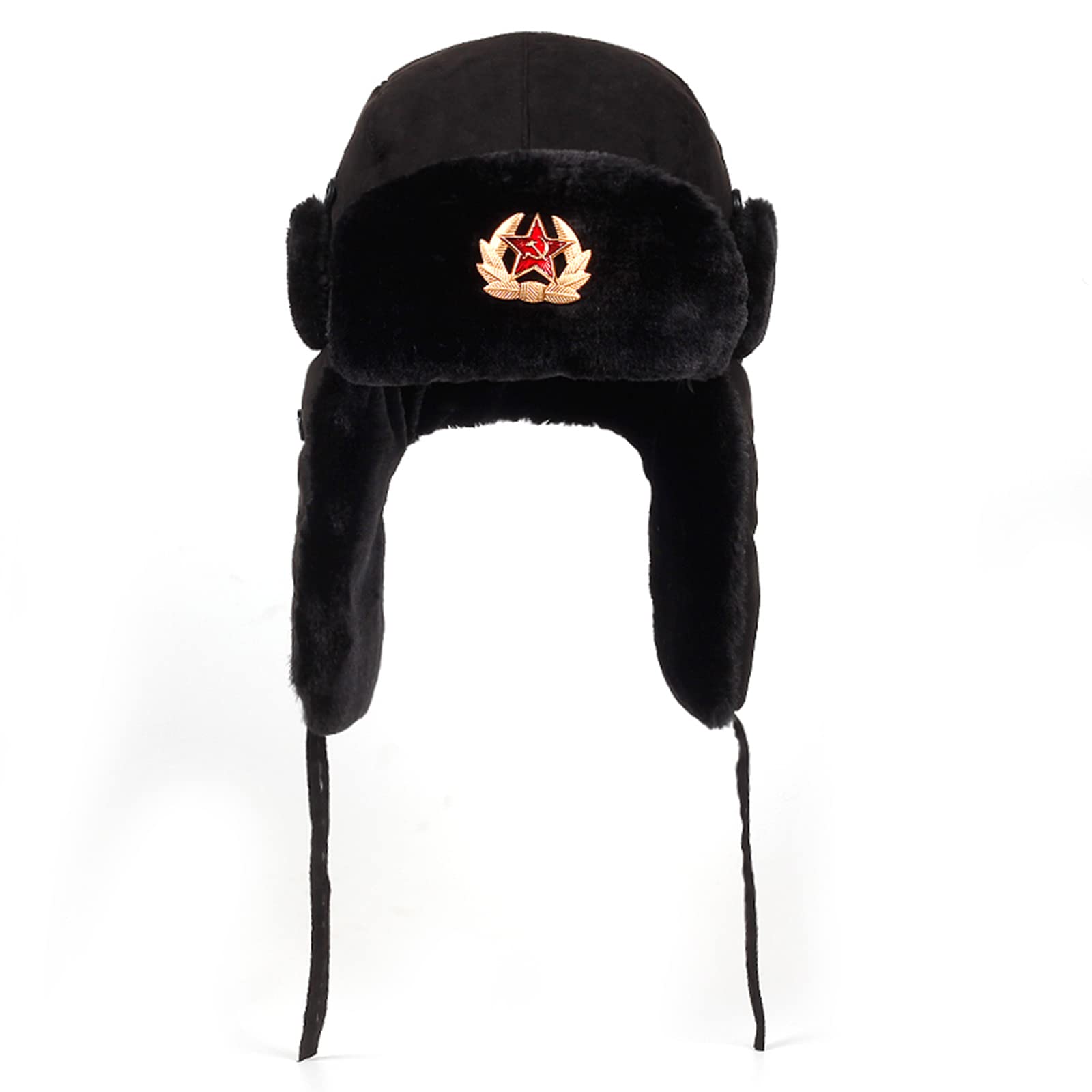 HIUHIURussian Soviet Army Fur Military Cossack Ushanka Hat Pilot Trapper Aviator Cap Winter Faux Earflap Snow Caps hat,Black A