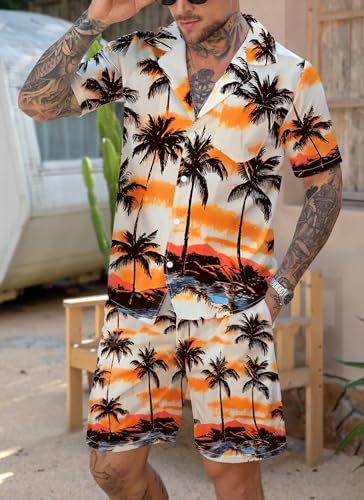 Men's Vacation Beach Outfits 2 Piece Shorts Set Tropical Floral and Palms Hawaiian Button Down Shirt and Shorts2