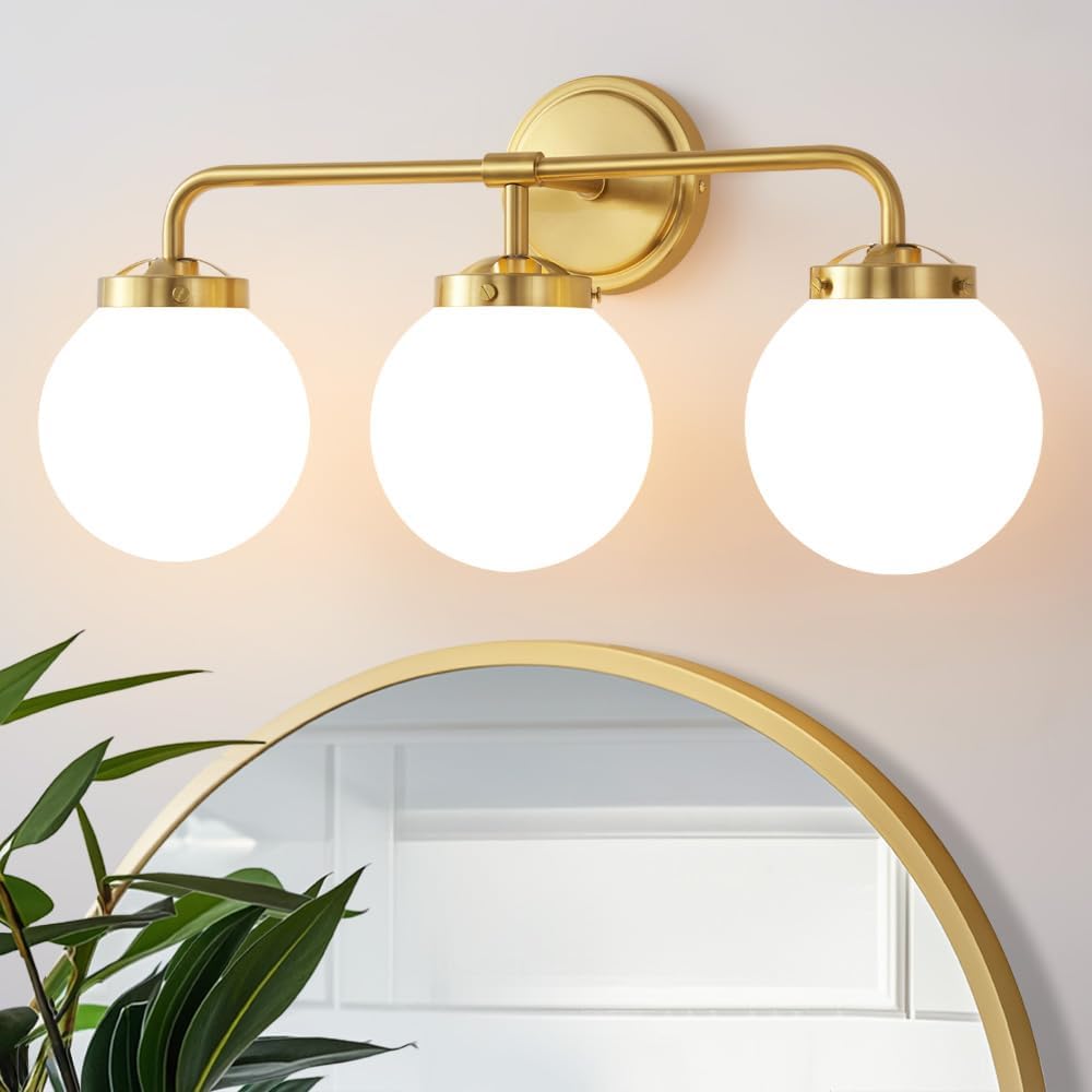 Gold Bathroom Vanity Light Fixtures Over Mirror, Modern Brass 3 Lights Wall Sconce with Milky Glass Ball Shade, Mid Century Farmhouse Vanity Lighting Gold Milk white shade-3lights