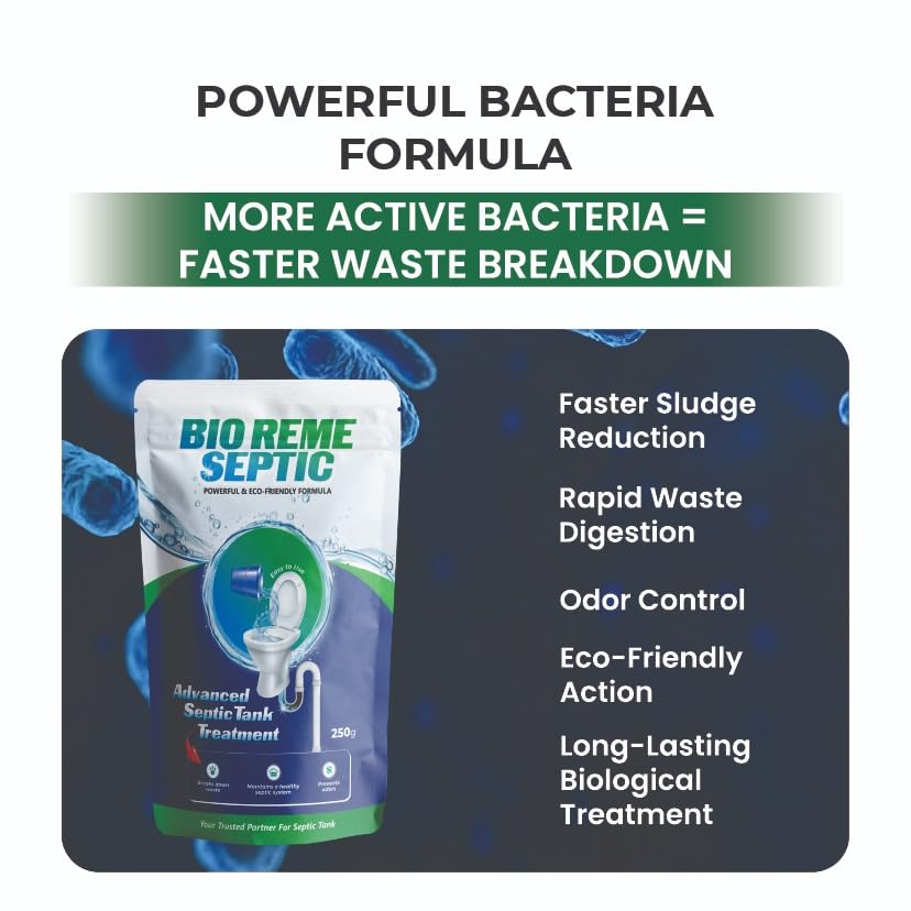 Image of Bio Reme Septic Tank Cleaner Bacteria Powder Anaerobic Bacteria & Enzymes Reduces Sludge, Removes Odour Drain Cleaner Powder for Pipes & Bio Toilets 250g