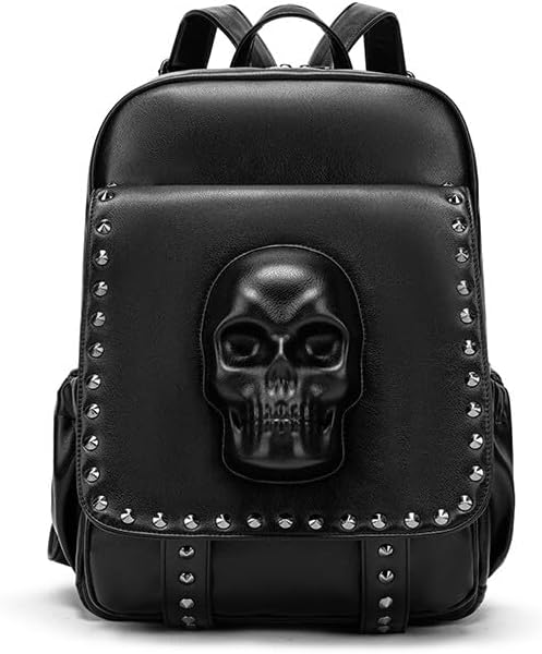 3D Gothic Skull Backpack for Women – Studded Punk Rock PU Leather Fashion Daypack with Hidden Anti-Theft Pocket, Fits A4 & 13” Laptop, Black