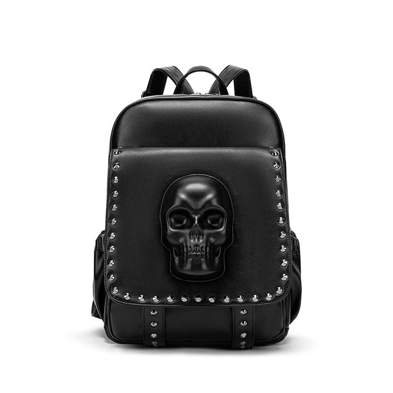 SandraWang 3D Gothic Skull Backpack for Women – Studded Punk Rock PU Leather Fashion Daypack with Hidden Anti-Theft Pocket, Fits A4 & 13” Laptop,