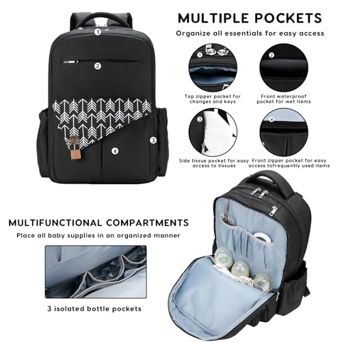 SONARIN Large Capacity Multi-Pockets Baby Changing Bag Backpack,Multifunctional Waterproof Diaper Bag Portable Travel Nappy Changing Bag Maternity Bag with Stroller Straps(Black) - Image 3