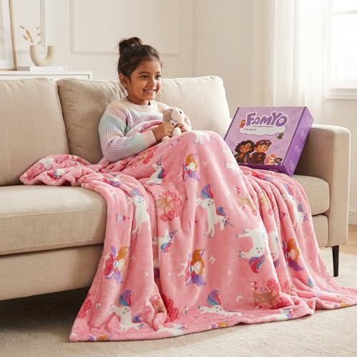Image of Famyo Unicorn & Fairy Glow Blanket for Gifting for Kids | Birthday Gift for 0-15 yrs | AC Blanket for Children | Return Gifts & Party Favour | Perfect for Gifting for Niece /Nephew /Son /Daughter (Pink)