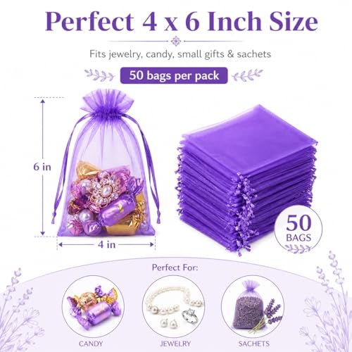 Image of Hopttreely Purple Organza Bags 4x6 in, 50PCS Drawstring Organza Bags, Sheer Mesh Jewelry Pouches, Lavender Wedding Party Festival Gift Bag Candy Pouches for Mother's Day, Party Favors