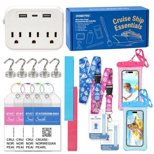 16Pcs Cruise Ship Essentials, Travel Cruise Must Haves with Power Plug Adapter, Includes Waterproof Phone Pouches, Luggage Tags, Lanyard Card Holders, Towel Bands for Beach Chair and Magnetic Hooks - image 1