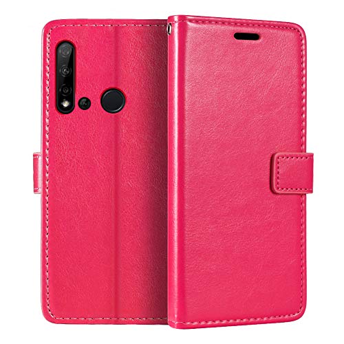Shantime Funda de Cuero Compatible con Huawei P20 Lite 2019, Diseño Ejecutivo Magnética, 3 Ranuras, Marco para Foto y Cartera Oculta(Rojo Rosa)