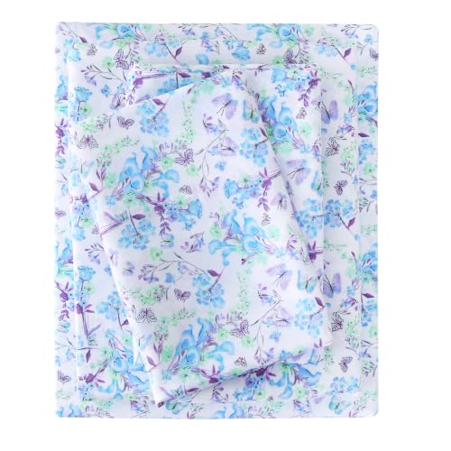 Image of Mooreeke Cozy Floral Microfiber Printed Queen Sheet Set - Soft & Breathable Blue Purple Floral Bed Sheets with Deep Pocket - Non-Slip Fitted Design - Blue Purple Flowers Pattern - Queen