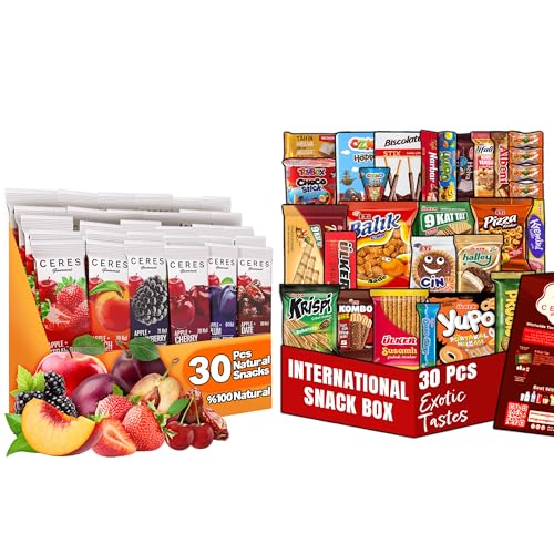30 Pcs Fruit Strips Variety Pack and 30 PCs International Snack Box by Ceres Gourmet