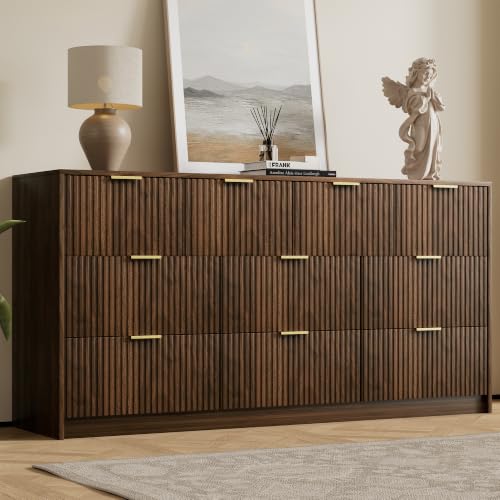 Image of Furniway Walnut 10 Drawer Dresser for Bedroom, 63 inch Wide Fluted Wood Dresser