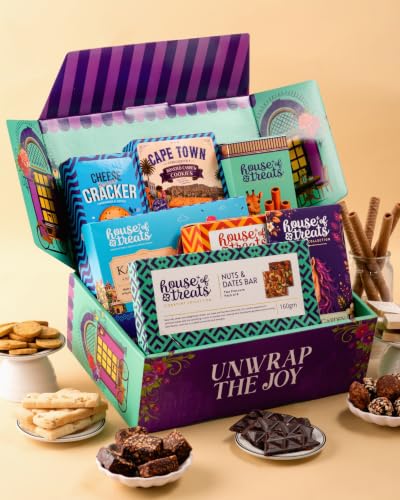 Image of HyperFoods Rakhi Gift Hamper for Bhaiya Bhabhi A Grand Celebration Box Rakhi with Kaju Katli, Chocolate, Wafer Rolls, Nuts & Date Bar,Cookies, cheese cracker snacks Dragees Sweets Gift Pack Chocolate Gift Pack Bhaiya Bhabhi Rakhi Gift Pack