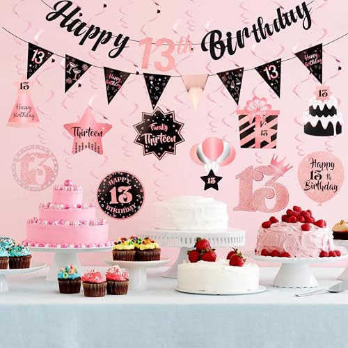 Image of 13th Birthday Decorations for Girls Rose Gold Pre Assembled Birthday Decoration Set Happy 13th Birthday Banner 13 Year Old Girl Birthday Party Supplies