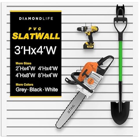 3'H x 4'W Slatwall Panel Garage Wall Organizer: Heavy Duty Wall Mounted PVC Wall Rack, Interlocking Slat Wall Paneling for Garage Wall Storage, Slatwall Board or Slatwall Shelves System - White Cover