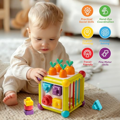 Image of Montessori Activity Cube Toys for Baby, 6-in-1 Shape Sorting Toy, Fine Motor Learning Game for Toddlers 1-3