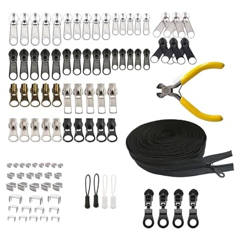 Meikeer 252 Pieces Zipper Repair Kit Replacement Zipper, Zipper Pulls, Installation Tools for Bags Tents Luggage Sleeping Bag Jacket （Replenishment 10Yards Bulk Zippers #5 Nylon Coil Zippers） Cover