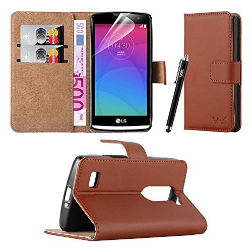 LG Leon 4G H340N Case - Wallet Book [Stand View] Card Case Cover Premium Leather Folio Case LG Leon 4G H340N Screen Protector, Microfibre Polishing Cloth Touch Stylus Pen (Brown)