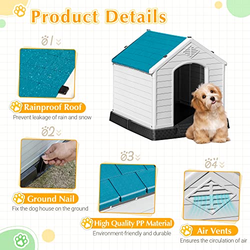 Rankok Outdoor Plastic Dog House Weatherproof Puppy Shelter Indoor Dog Kennels With Air Vents And Elevated Floor Easy Clean And Assemble Dog Home For Pets (Blue, 28") #TOP2