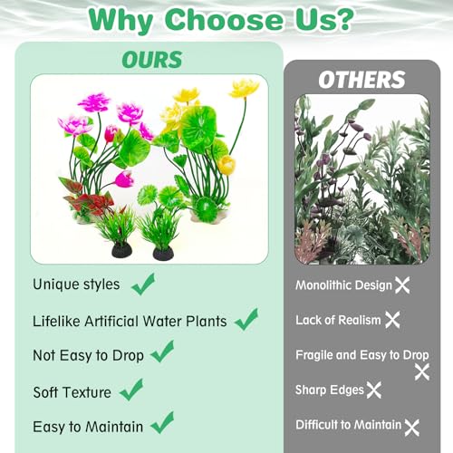 Image of Hamiledyi 2 Pcs Artificial Lotus Flowers with Small Artificial Seaweed Plants, Fish Tank Plastic Plants Decorations, Pink and Yellow Blossoms Artificial Water Plants Perfect for Aquarium Decor