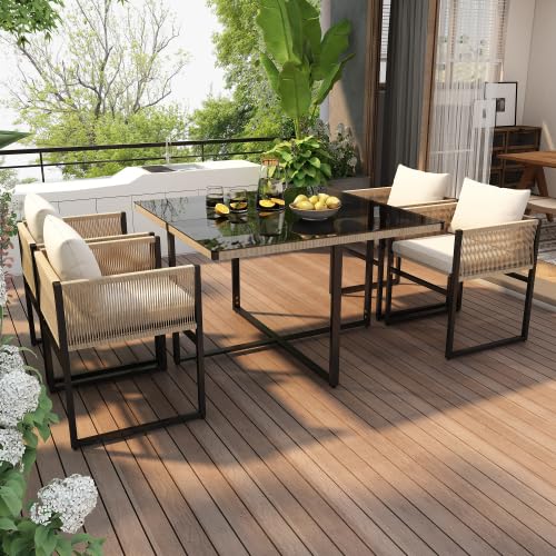 Merax Garden Dining Set, 5-Piece Outdoor Furniture Set with 1 Dining Table and 4 Stackable Chairs,...