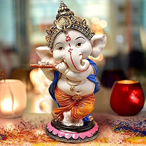 JAIPUR ACE Resin Playing Flute Ganesh Idol Statue Best For Home & Office Decor (Flute Vinayak), Multi Colour Cover