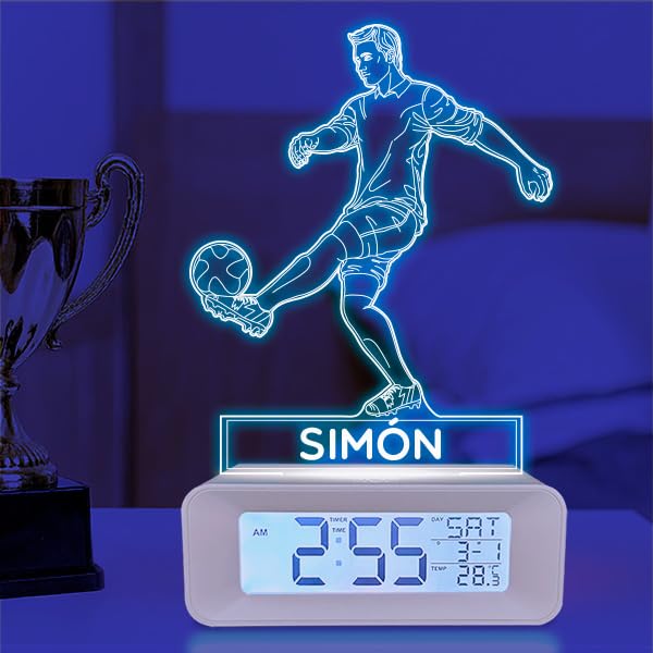 Transparent Gift Reloj Despertador Infantil Personalizado con Luz. Diseño Jugador Fútbol con Nombre Niño/Niña. Lámpara Nocturna Mesita Noche. Regalos Originales Personalizados Cumpleaños Niños