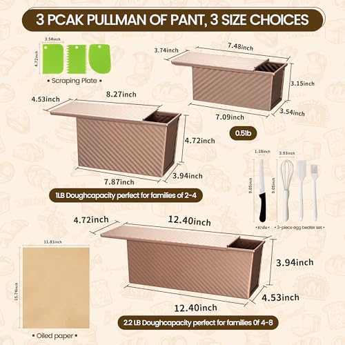 Image of 3 Pack Pullman Loaf Pan with Lids, Non-Stick Bread Loaf Pan, Heavy Duty Carbon Steel Corrugated Toast Box for Baking, Square Bread Pans for Homemade Sandwich, Bakeware (Rose Gold)