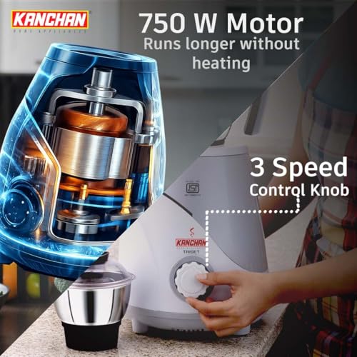 Image of Kanchan Triset Plus Mixer Grinder 750 Watt 4 Multipurpose Jars (3 Stainless Steel +1 Juicer)Blending, Grinding, Juicer mixer grinder for kitchen,Powerful motor with Overload Safety, ISI, 5 Yr Warranty
