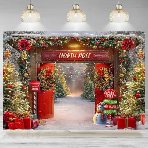 Toile de Fond de Noël, Porte de Grange en Bois d'hiver, pôle Nord, Arbre de Noël enneigé, arrière-Plan de Photographie, décor de fête de Vacances en Famille 300x200CM