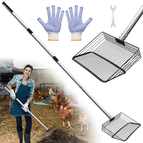 Solaradgy 10inch Chicken Poop Scooper, Dual-Specification Pore Chicken Coop Cleaning Tools Come with Gloves Coop Scoop 4 Sections Extended with 22 to 62' Stainless Steel Adjustable Handle