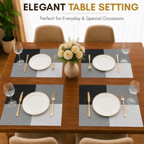 Image of Solitude Set of 4 Dining Table Placemats | Non-Slip PVC Table Mats, Heat Resistant, Washable, Stain-Resistant Surface (Black & White, 45 x 30 cm)