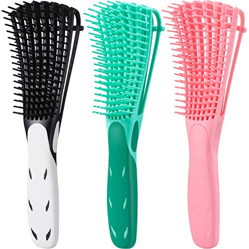 3 Pieces Detangling Brush Afro Textured 3a to 4c Kinky Wavy Vented Hair Detangler Brush for Wet/ Dry/ Long Thick Curly Hair, Black, Pink, Green (Decorated Handle)