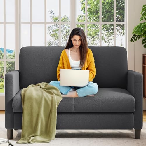 Sofa 2 Sitzer Klein, 130cm Mini Couch Klein, Gemütliches kleines Sofa für Jugendzimmer, Werkzeugfreies Aufstellen von Minisofa, 2er Sofas und Couchs aus Vollholz, Kleine Sofas Wohnzimmer, Grau