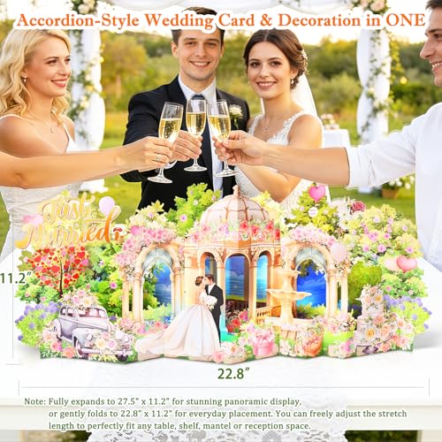 Image of Pop Up Wedding Card, Musical Light Up Just Married Cards for Bride & Groom | 3D Large Accordion Style Wedding Greeting Card, Romantic Paper Wedding Decoration Keepsake Gifts for Bridal Shower Engagement
