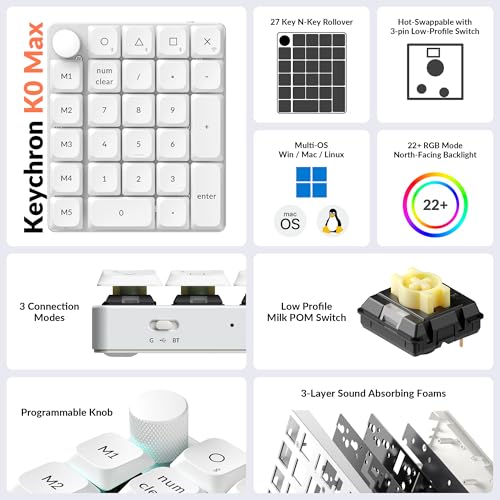 Image of Keychron K0 Max QMK Wireless Custom Number Low-Profile RGB Backlit (Hot-Swappable) Banana Switch Keypad, 2.4 GHz & Bluetooth 5.3 Connection, 1000Hz Polling Rate - White