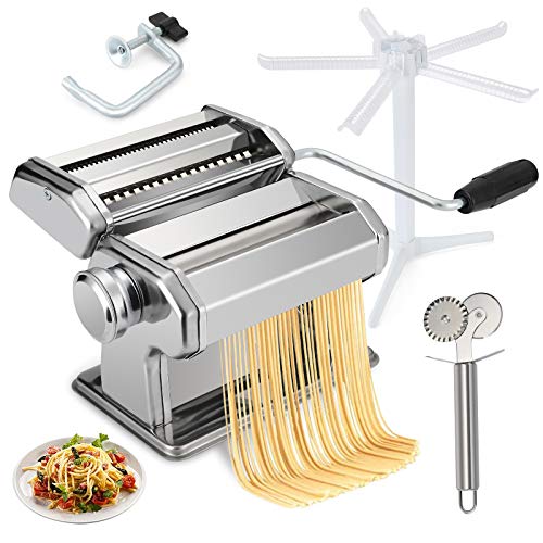 lolozest Pasta Maker Machine Manual Hand Crank, Noodle Makers with 9 Thickness Settings Dough Roller and 3 Blades, Sturdy Noodles Cutter and Drying Rack for Homemade Spaghetti Fettuccini Lasagna