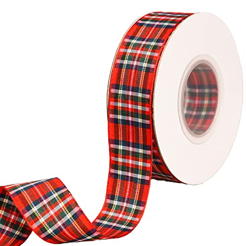 XNHIU 20 Yards Tartan Ribbon - Red Classic Royal Stewart Christmas Ribbon (25mm), Red, Green