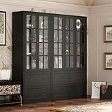 AIEGLE Large Bookcase Set with Glass Doors, 78.7" Wide Tall 4-Tier Bookshelf with 6 Drawers, China Cabinet Display Storage Cabinet for Living Room Office Storage, Black