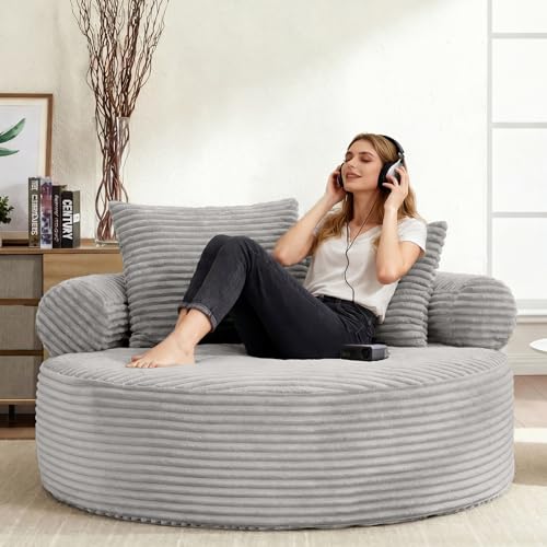 Image of Oversized Round Chair Lounge Chaise Indoor, 55.5 inch Upholstered Corduroy Deep Seat Single Cloud Sofa Chair, Fluffy Modern Large Circle Boneless Sleeper Sofa for Living Room, Bedroom, Light Grey