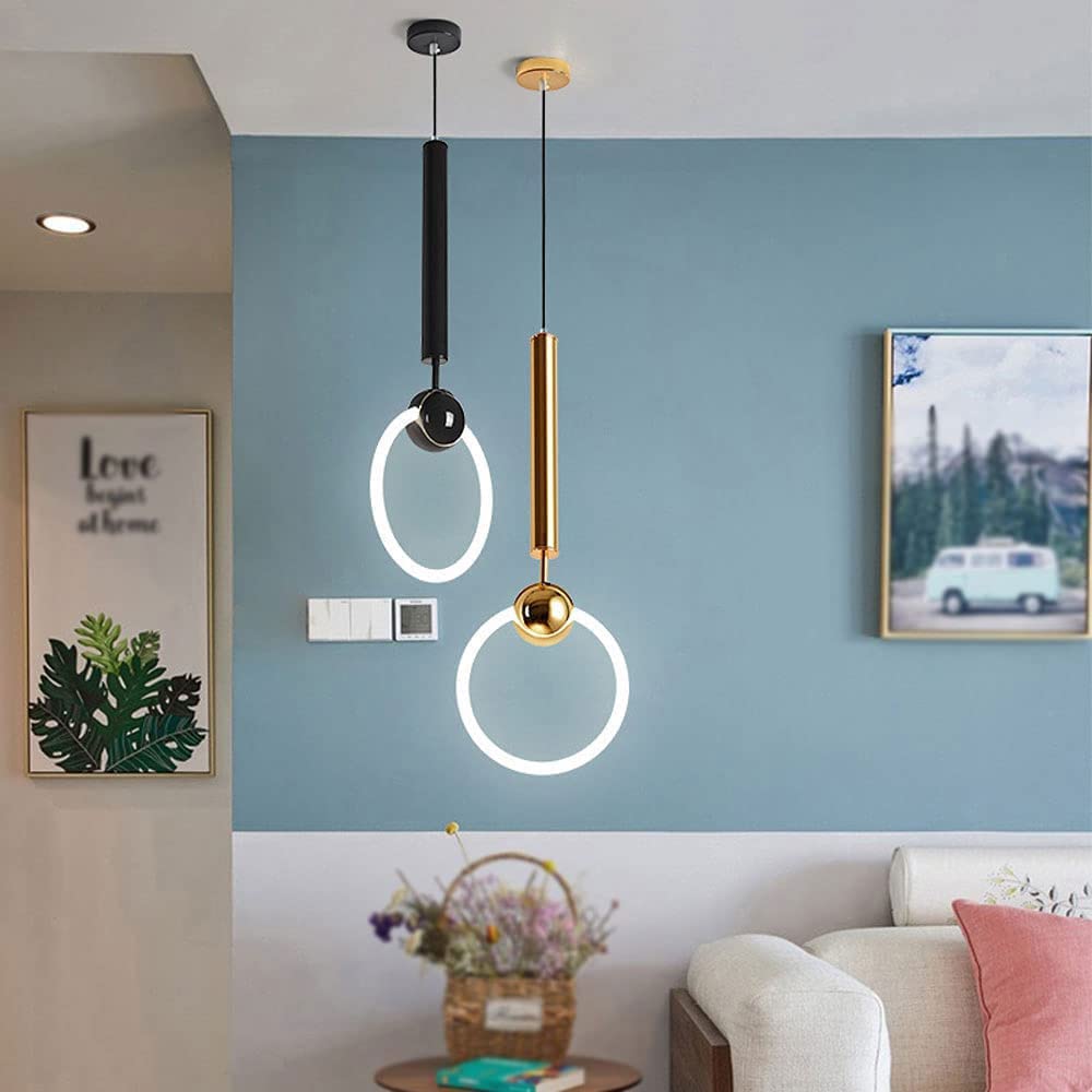 Hertl Lámpara colgante nórdica moderna,Lámpara colgante de arte de hierro redondo creativo,Lámpara de un solo cabezal con anillo dorado for cocina, isla, dormitorio, comedor