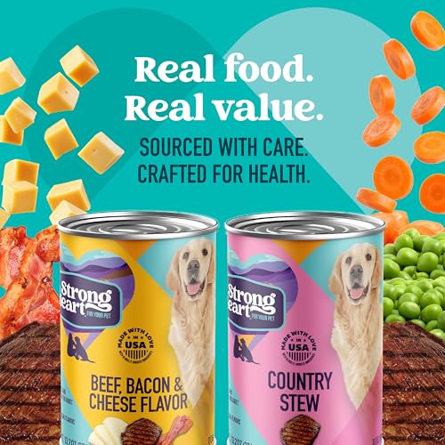 Image of A Strong Heart Wet Dog Food Variety Pack - Beef Bacon & Cheese Cuts & Country Stew Cuts in Gravy | All Life Stages | Complete & Balanced | Made in USA | 13.2oz Cans, 12-Pack