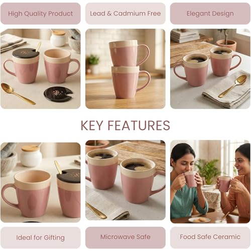 Image of The Earth Store Pink Beige Flow Coffee Mug with Lid and Spoon Set of 2 | 340ML Ceramic Coffee Mugs Set of 2 | Resin Art Wooden Lid & Golden Spoon | Premium Coffee Mugs for Gift